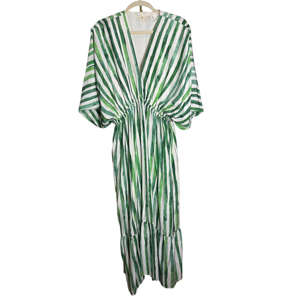 Marie Oliver Venus Caftan Silk Blend Dress Green Striped Bamboo Cabana Sz. L - Picture 4 of 8